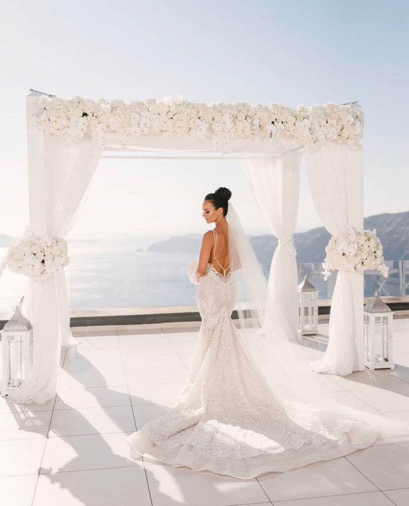 white wedding arch at Santorini