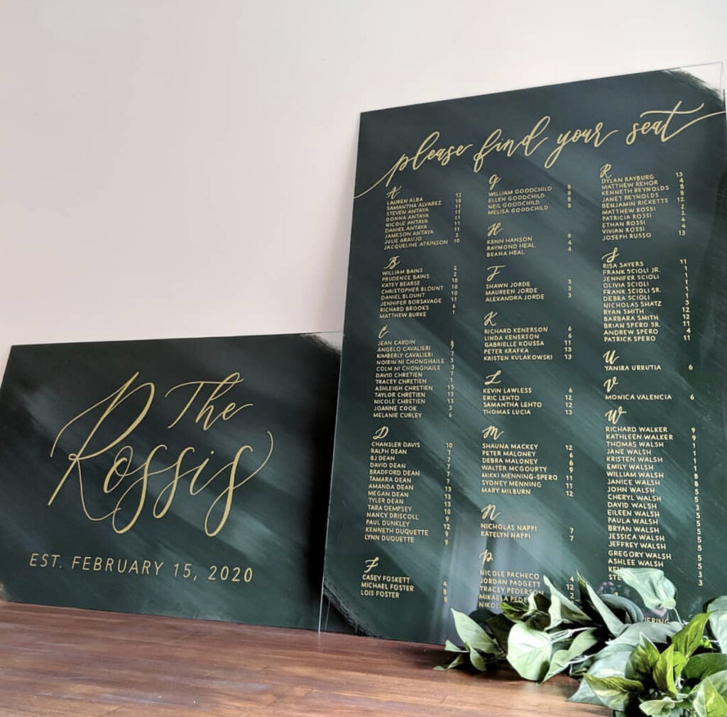 table seating chart and signage for wedding